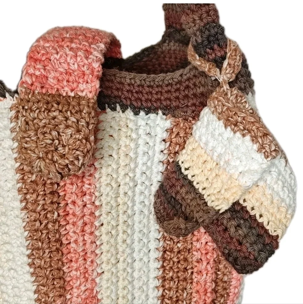 Hippie Boho Hand Crocheted Earthy Striped Bucket Purse W/ Coin Purse Homemade
